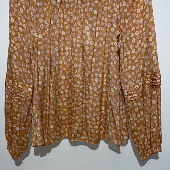 Lauren Conrad Women's Floral Tan Square Neck Peasant Blouse Top Size Large NWT - Picture 2 of 11